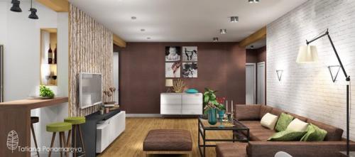 Дизайн гостиной переходящей в кухонную зону с столовой с одной стороны и прихожую с другой, в центре за стеной с телевизором - гардеробная. 03