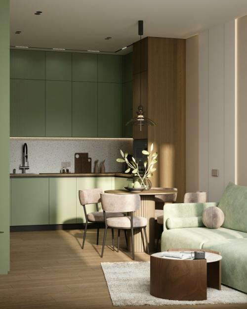 Проект 1-комнатной квартиры 45, 8 м 2. кухня - гостиная + спальня с гардеробной и рабочим местом. 03