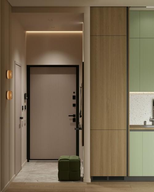 Проект 1-комнатной квартиры 45, 8 м 2. кухня - гостиная + спальня с гардеробной и рабочим местом. 05