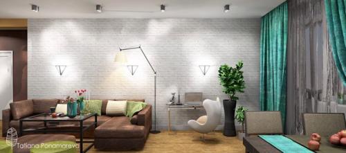 Дизайн гостиной переходящей в кухонную зону с столовой с одной стороны и прихожую с другой, в центре за стеной с телевизором - гардеробная. 04