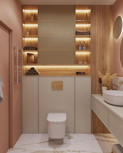 Современный монохромный интерьер совмещенного санузла в квартире молодой женщины. 03