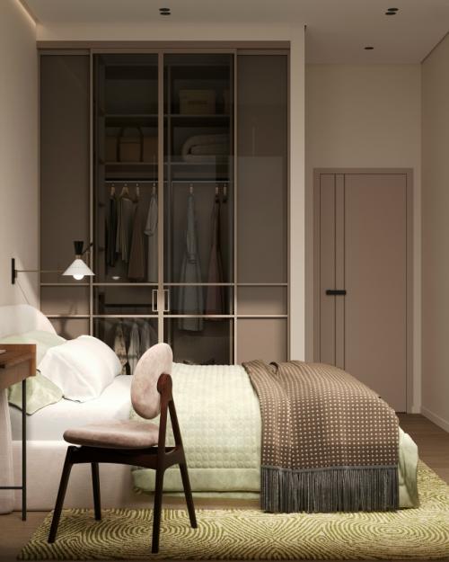 Проект 1-комнатной квартиры 45, 8 м 2. кухня - гостиная + спальня с гардеробной и рабочим местом. 07