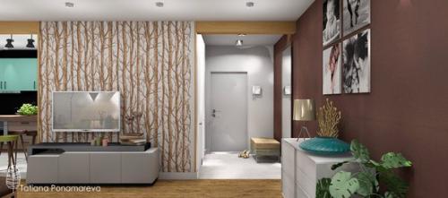 Дизайн гостиной переходящей в кухонную зону с столовой с одной стороны и прихожую с другой, в центре за стеной с телевизором - гардеробная. 05