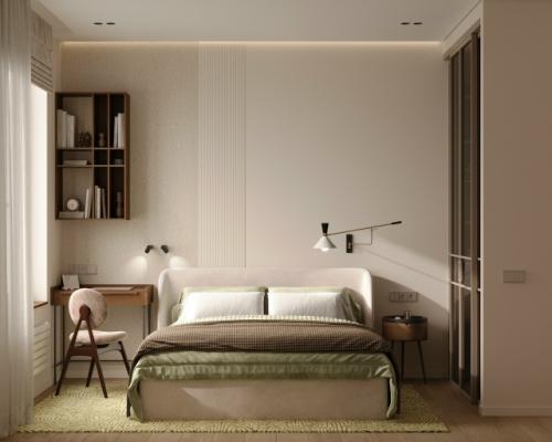 Проект 1-комнатной квартиры 45, 8 м 2. кухня - гостиная + спальня с гардеробной и рабочим местом. 06