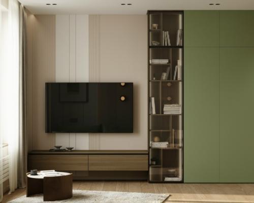 Проект 1-комнатной квартиры 45, 8 м 2. кухня - гостиная + спальня с гардеробной и рабочим местом. 01