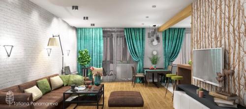 Дизайн гостиной переходящей в кухонную зону с столовой с одной стороны и прихожую с другой, в центре за стеной с телевизором - гардеробная. 02