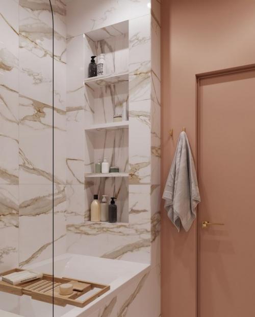 Современный монохромный интерьер совмещенного санузла в квартире молодой женщины. 02