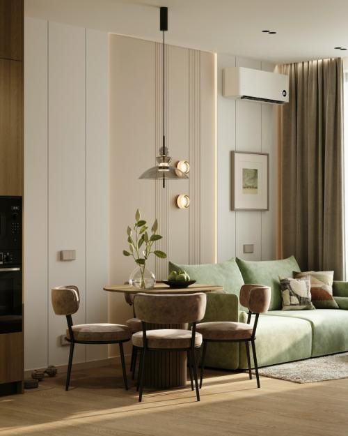 Проект 1-комнатной квартиры 45, 8 м 2. кухня - гостиная + спальня с гардеробной и рабочим местом. 02