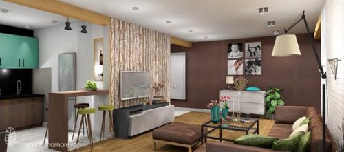 Дизайн гостиной переходящей в кухонную зону с столовой с одной стороны и прихожую с другой, в центре за стеной с телевизором - гардеробная. 01