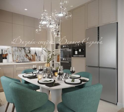 Красивый, элегантный интерьер кухни - гостиной в современном стиле, спроектированный дизайнерами студии Дениса Серова. 01