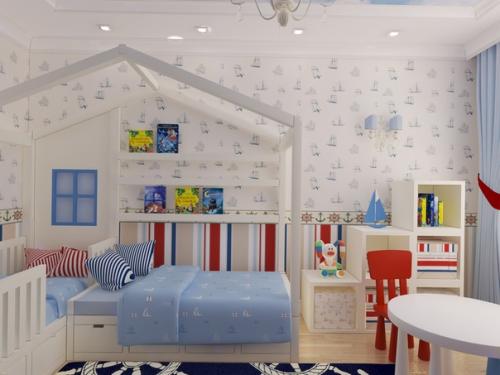Дизайн классической детской в морском стиле для двоих разнополых детей двух и трёх лет. 03