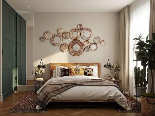 Спальня в стиле бохо - это скопление тканей, цветов и декоративных аксессуаров. 01