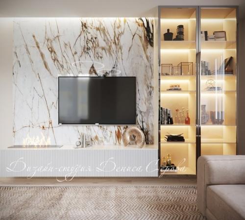 Красивый, элегантный интерьер кухни - гостиной в современном стиле, спроектированный дизайнерами студии Дениса Серова. 05