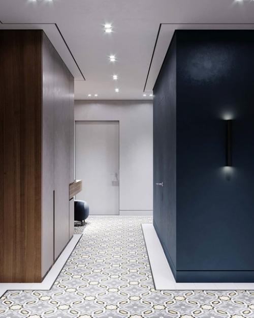 Интерьер прихожей.  Стильный дизайн с темными стенами и огромным зеркалом от пола до потолка. 03