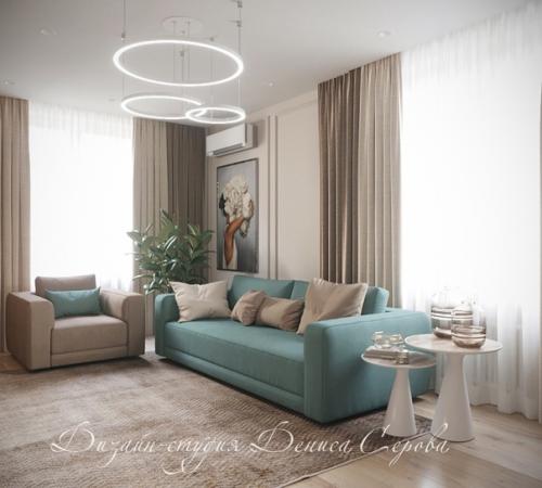 Красивый, элегантный интерьер кухни - гостиной в современном стиле, спроектированный дизайнерами студии Дениса Серова. 04