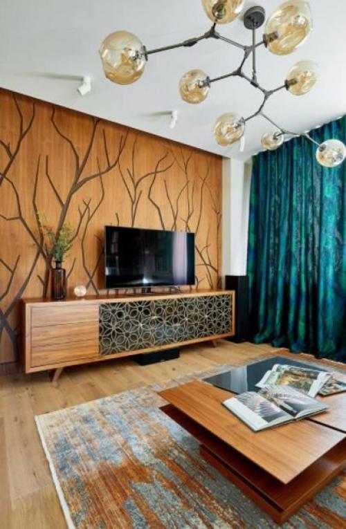 Этническая гостиная с отделкой из древесины. 01