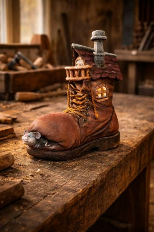 Башмак домик. 

В продолжении истории с башмаками, получился вот такой домик с мышкой. 

