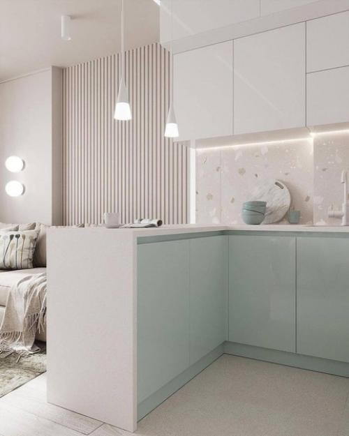 Светлый воздушный интерьер кухни - гостиной площадью 20 м. 02