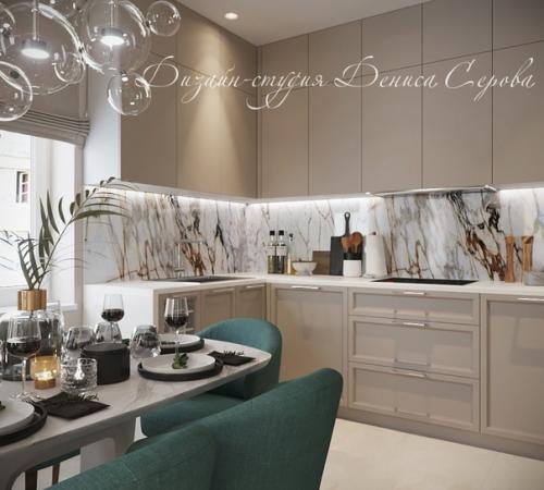 Красивый, элегантный интерьер кухни - гостиной в современном стиле, спроектированный дизайнерами студии Дениса Серова. 02