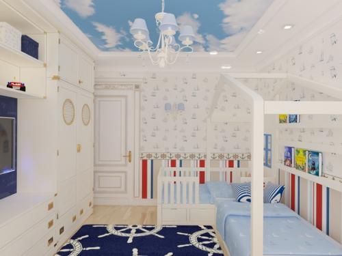 Дизайн классической детской в морском стиле для двоих разнополых детей двух и трёх лет. 04