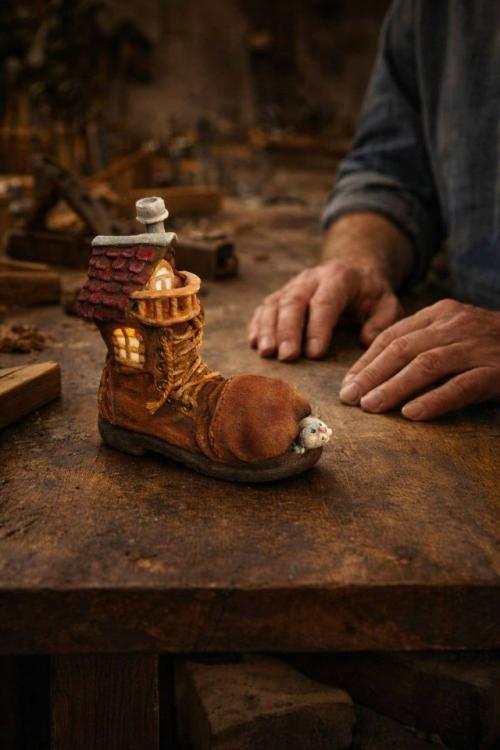 Башмак домик.   В продолжении истории с башмаками, получился вот такой домик с мышкой. 01