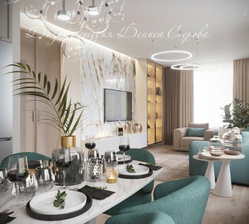 Красивый, элегантный интерьер кухни - гостиной в современном стиле, спроектированный дизайнерами студии Дениса Серова. 03