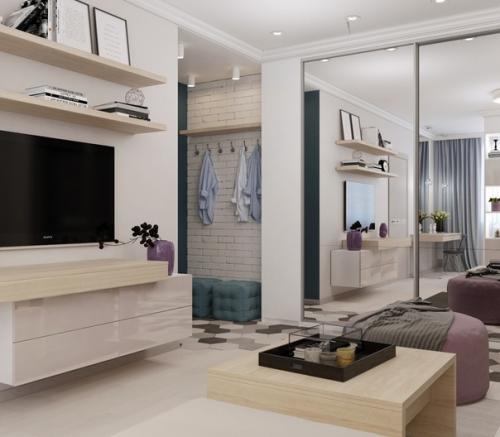 Зонирование комнаты на гостиную и спальную зону. 06