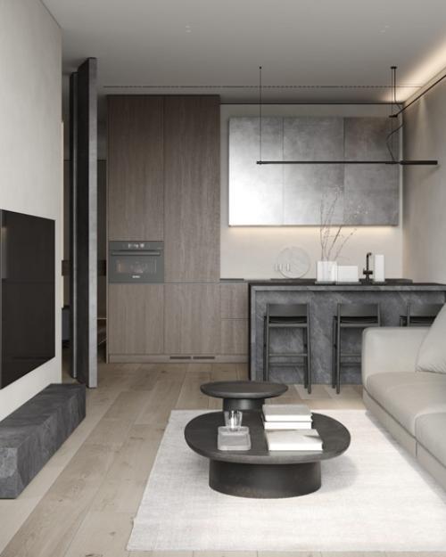 Проектквартиры.  В этой квартире - зона кухни и гостиной объединена, и к ним примыкает рабочий кабинет. 01