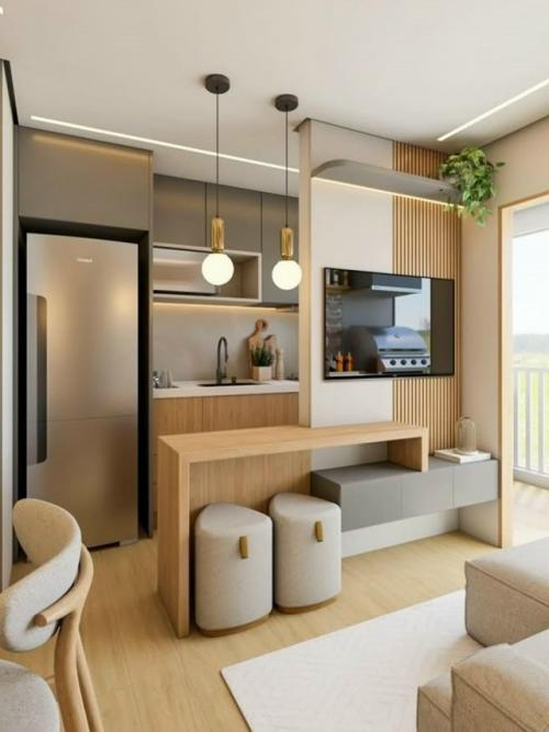 Подборка интересных решений для разделения пространства кухни - гостиной.
