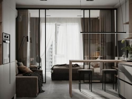 Современный проект квартиры - студии 40 м 2. интерьер в нейтральной цветовой гамме, в стиле минимализм. 01