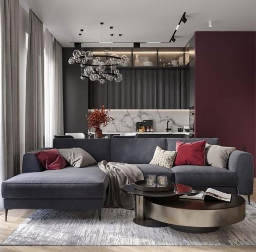 Современный интерьер. Кухни, объединенной с гостиной. 01