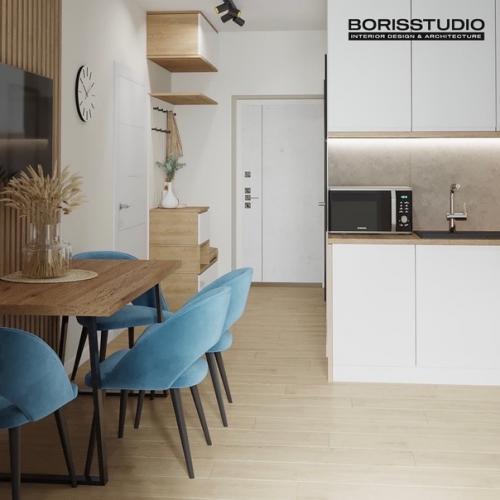 Светлый интерьер с древесными элементами (39, 8 кв. 04