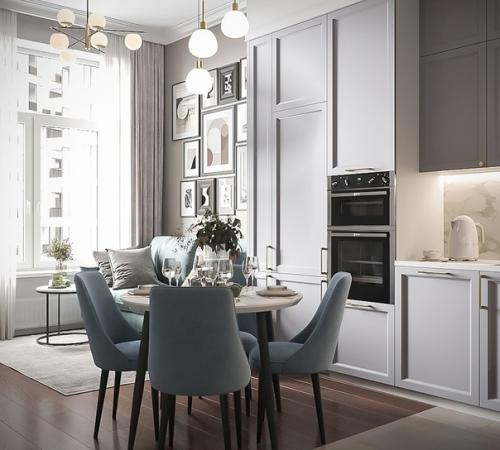 Элегантная неоклассика в интерьере кухни - гостиной площадью 18 кв. 02