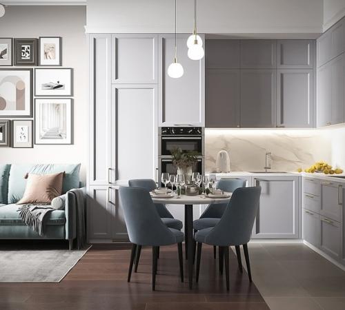 Элегантная неоклассика в интерьере кухни - гостиной площадью 18 кв. 01