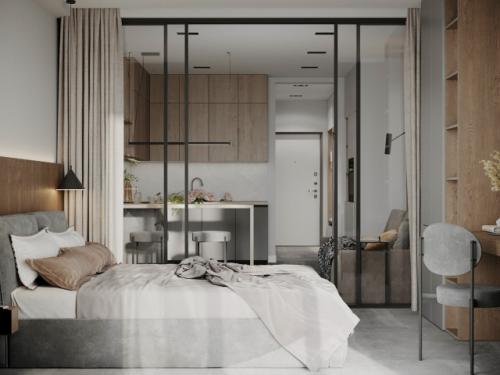 Современный проект квартиры - студии 40 м 2. интерьер в нейтральной цветовой гамме, в стиле минимализм.  