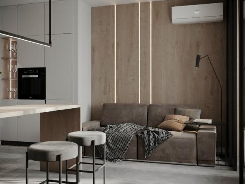 Современный проект квартиры - студии 40 м 2. интерьер в нейтральной цветовой гамме, в стиле минимализм. 02