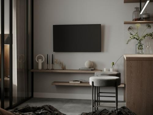 Современный проект квартиры - студии 40 м 2. интерьер в нейтральной цветовой гамме, в стиле минимализм. 06