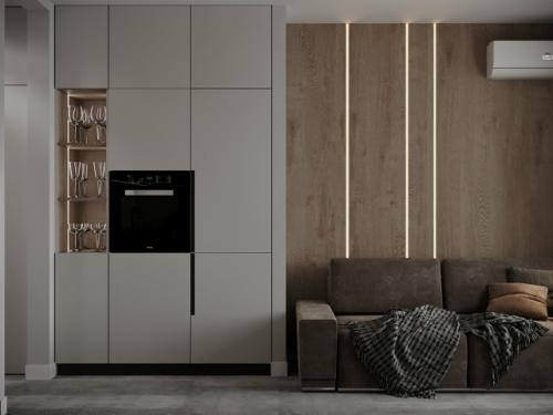 Современный проект квартиры - студии 40 м 2. интерьер в нейтральной цветовой гамме, в стиле минимализм. 03