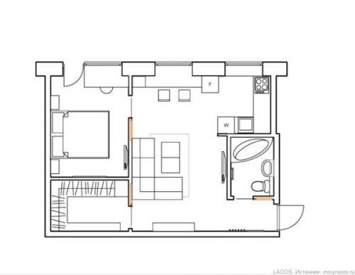 Интерьер в серых тонах с фиолетовыми и желтыми акцентами. 08