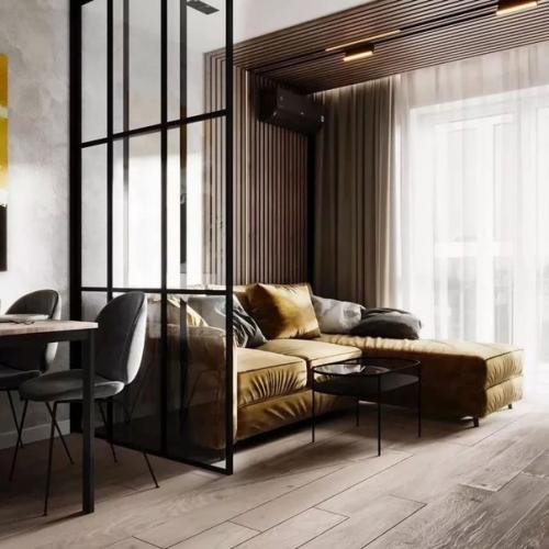 Яркий.  Смелый интерьер кухни - гостиной площадью 22 кв. 05