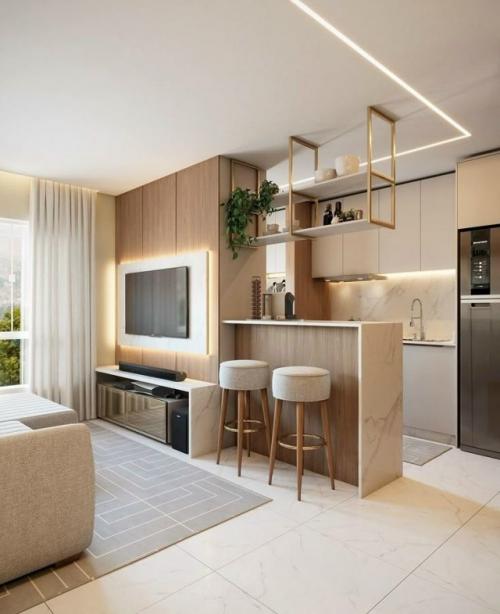 Подборка интересных решений для разделения пространства кухни - гостиной. 07