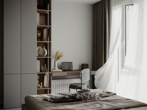 Современный проект квартиры - студии 40 м 2. интерьер в нейтральной цветовой гамме, в стиле минимализм. 09