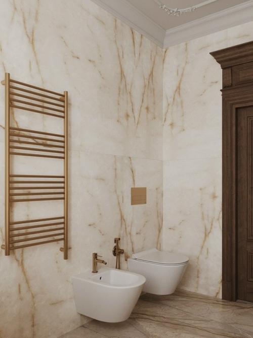 Интерьер ванной комнаты выполнен в элегантном классическом стиле с современными нотками. 03