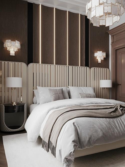 Интерьер спальни выполнен в современном стиле с элементами классики. 04
