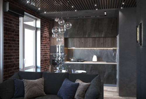 Темный лофт - интерьер квартиры - студии площадью 38. 01