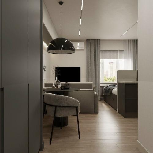 Современный проект квартиры - студии 28 м 2. строгий монохромный интерьер для девушки - студентки. 05