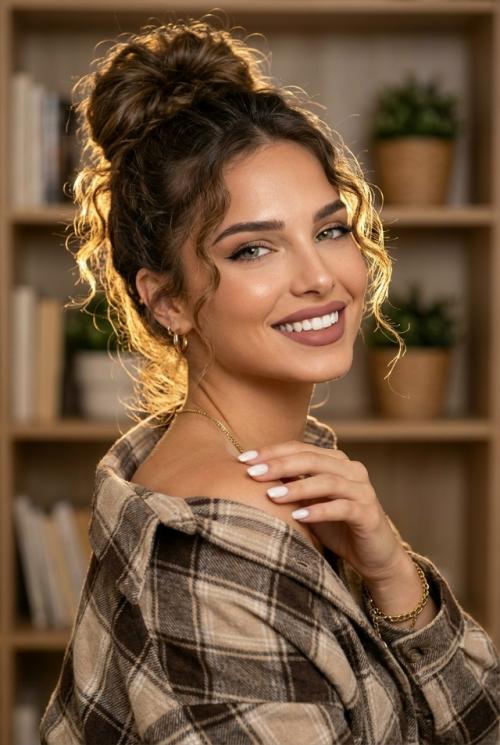 Крупный план (портрет) очаровательной молодой женщины в уютной домашней обстановке.  