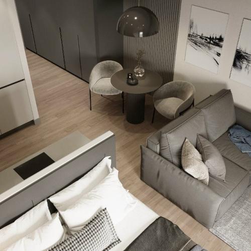 Современный проект квартиры - студии 28 м 2. строгий монохромный интерьер для девушки - студентки. 03