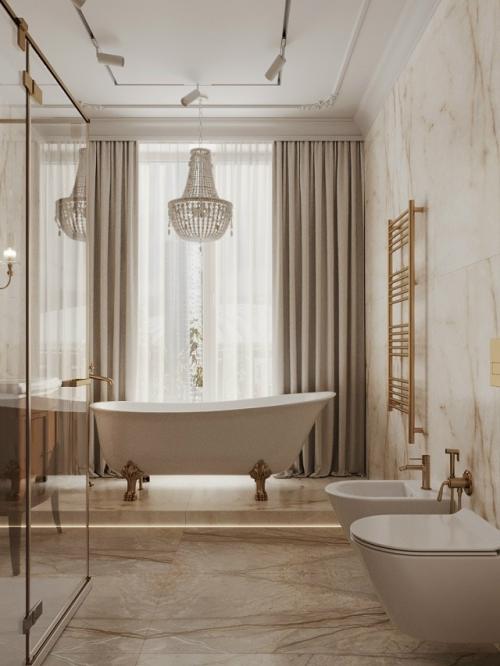 Интерьер ванной комнаты выполнен в элегантном классическом стиле с современными нотками.  