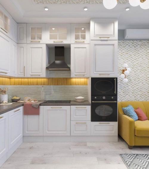 Интерьер кухни - гостиной в нейтральных тонах. 01